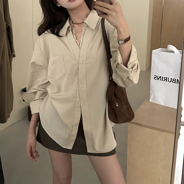 Collared V-Neck Long Sleeve Shirt with Lace Panel