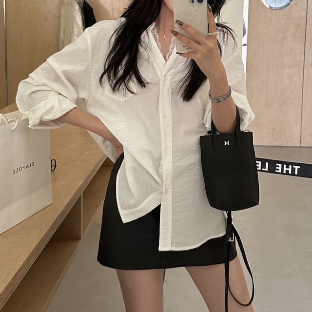 Collared V-Neck Long Sleeve Shirt with Lace Panel