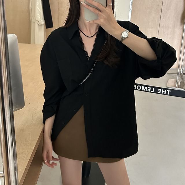 Collared V-Neck Long Sleeve Shirt with Lace Panel