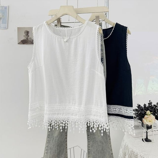 Sleeveless Round Neck Lace Trim Tee