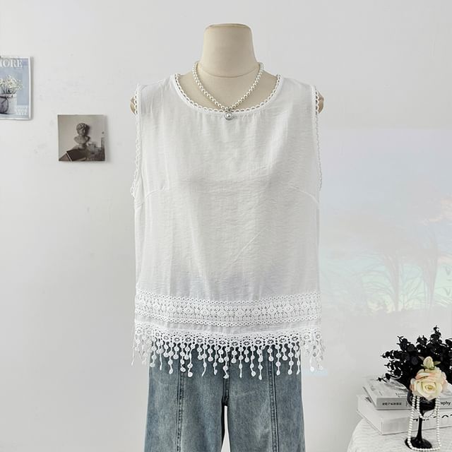Sleeveless Round Neck Lace Trim Tee