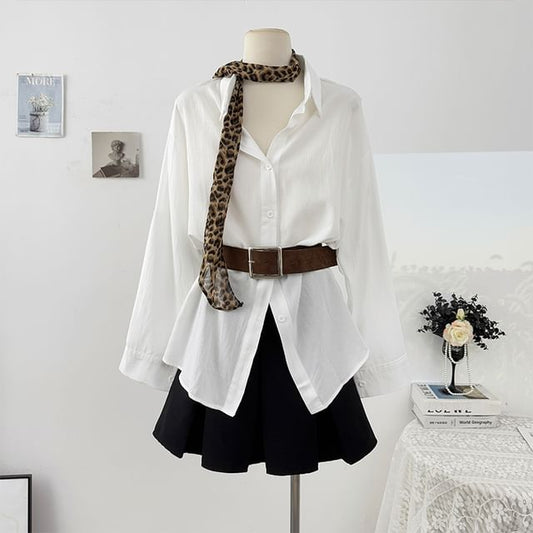 Set: Collared Plain Button Up Long Sleeve Shirt and Leopard Scarf
