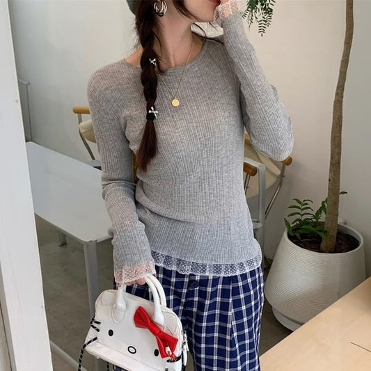 Long Sleeve Round Neck Ribbed Knit Top with Lace Trim