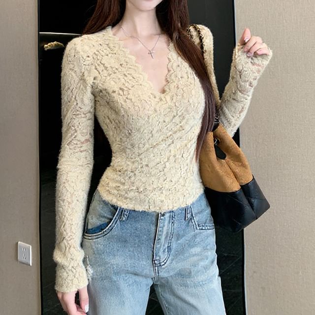 Long Sleeve V-Neck Wrap Top with Lace Trim