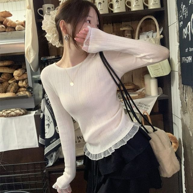 Long Sleeve Round Neck Ribbed Knit Top with Lace Trim