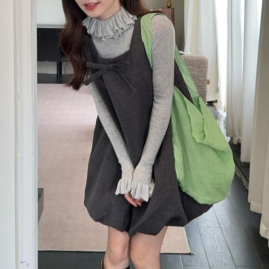 Ruffle Trim Mockneck Knit Top and Sleeveless Square Neck Plain Mini A-Line Dress