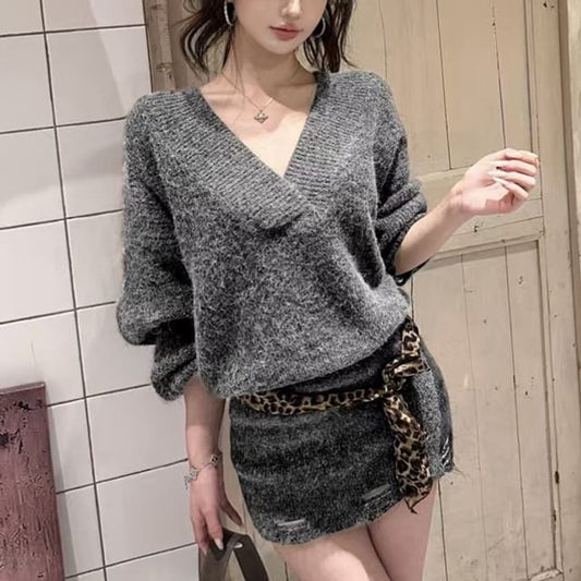 Oversized V-Neckline Plain Pullover Sweater