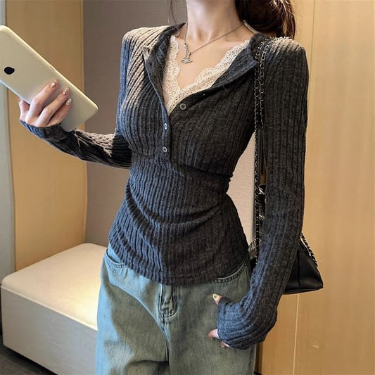 Mock Two-Piece Henley T-Shirt with Lace Panel and Ribbed Fit