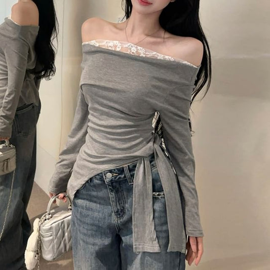 Off-Shoulder Long-Sleeve Top with Lace Panel and Asymmetric Hem