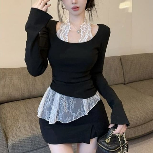 U-Neck Long-Sleeve Top with Lace Panel and Asymmetric Design