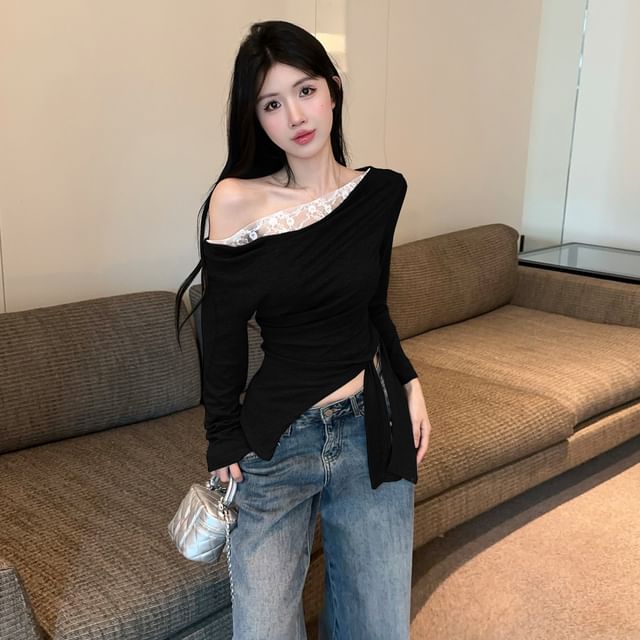 Off-Shoulder Long-Sleeve Top with Lace Panel and Asymmetric Hem