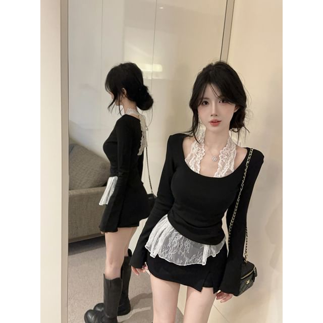 U-Neck Long-Sleeve Top with Lace Panel and Asymmetric Design