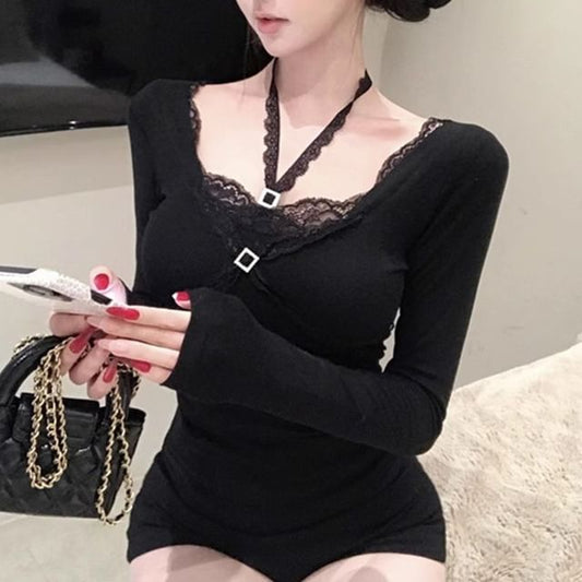 Halter Neck Lace Trim Long-Sleeve Blouse