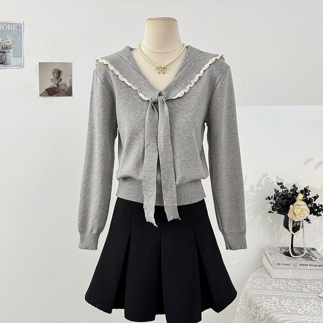 Sailor Collar Long Sleeve Lace Trim Knit Top
