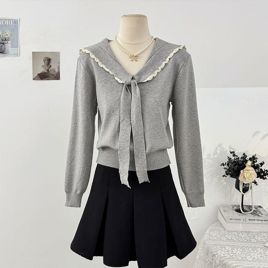Sailor Collar Long Sleeve Lace Trim Knit Top
