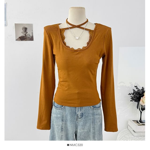 Halter Neck Long Sleeve Lace Trim Slim Tee
