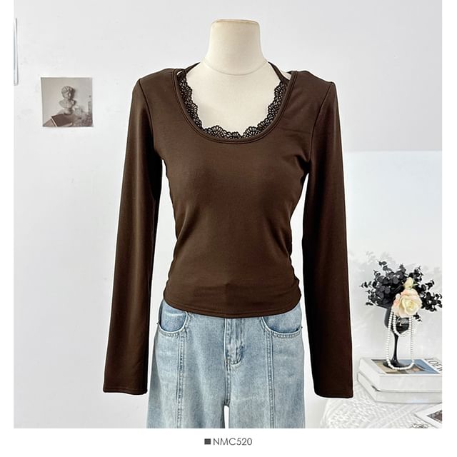 Halter Neck Long Sleeve Lace Trim Slim Tee