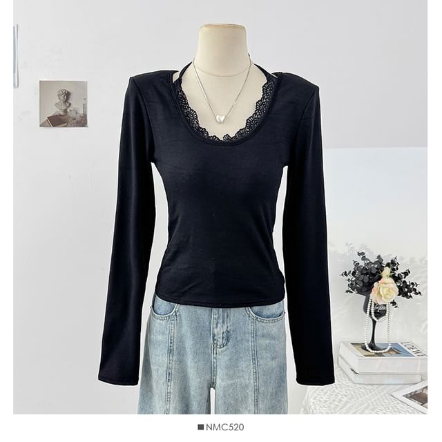 Halter Neck Long Sleeve Lace Trim Slim Tee