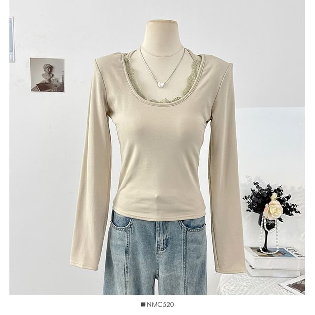 Halter Neck Long Sleeve Lace Trim Slim Tee