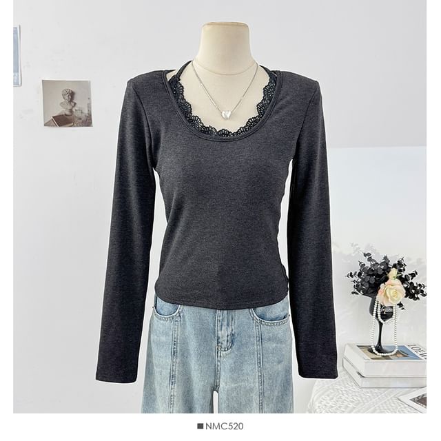 Halter Neck Long Sleeve Lace Trim Slim Tee