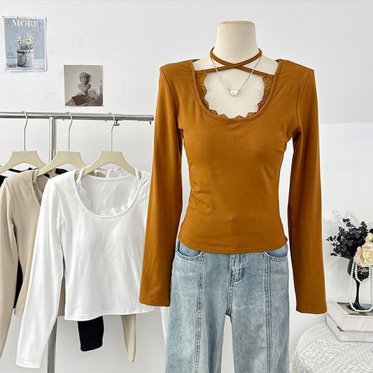 Halter Neck Long Sleeve Lace Trim Slim Tee