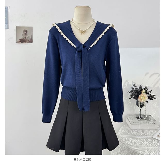 Sailor Collar Long Sleeve Lace Trim Knit Top