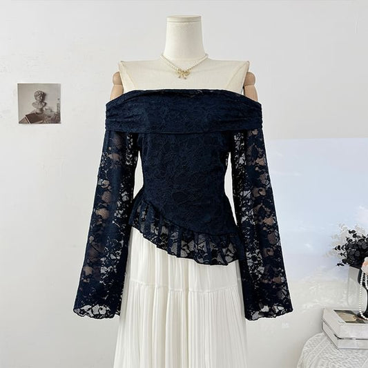 Off Shoulder Long Sleeve Lace Asymmetric Hem Top