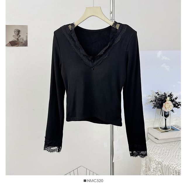 V-Neck Long Sleeve Lace Trim Fitted Tee