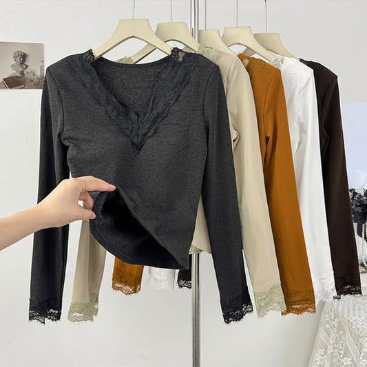 V-Neck Long Sleeve Lace Trim Fitted Tee