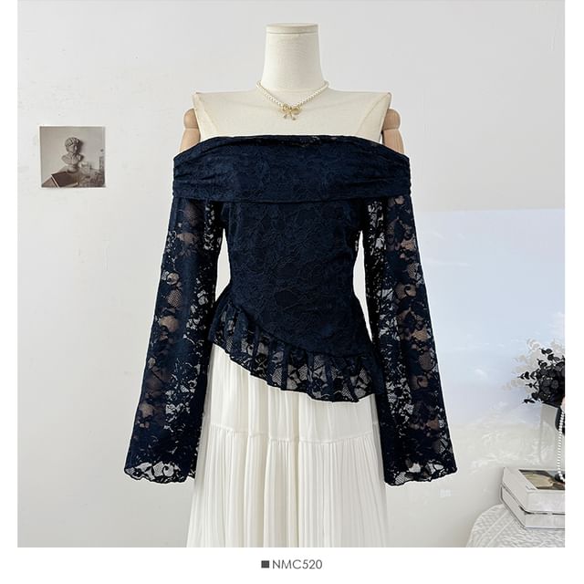Off Shoulder Long Sleeve Lace Asymmetric Hem Top