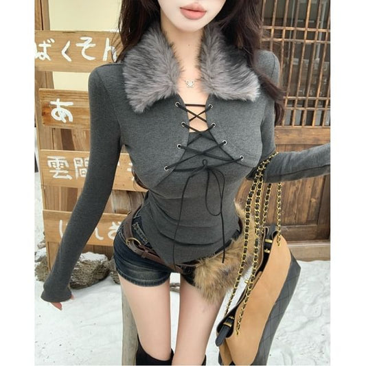 Faux Fur Collar Long Sleeve Mock Two-Piece Lace Top
