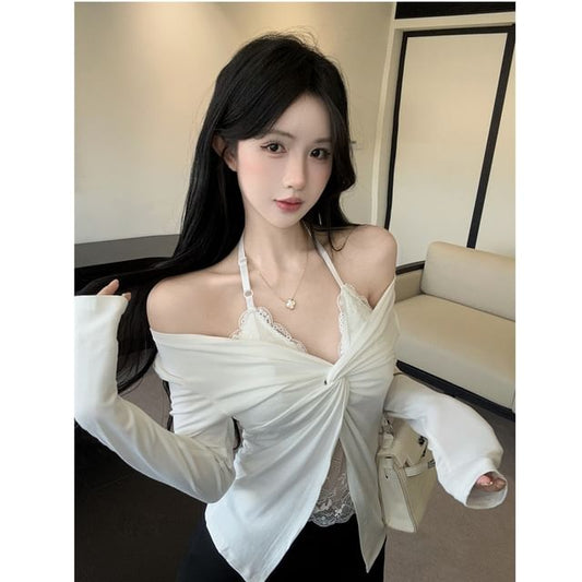 Cold Shoulder Long Sleeve Mock Two-Piece Slit Lace Top