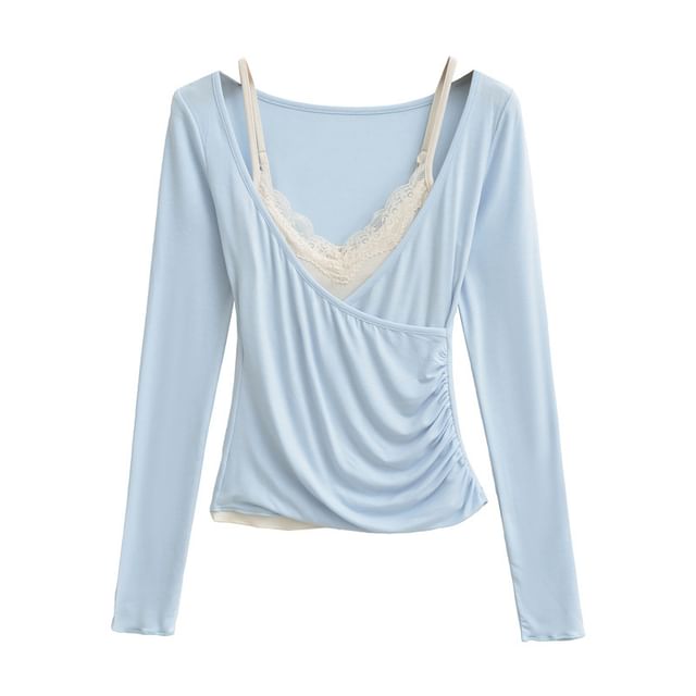 Set: V-Neck Ruched Wrap Top with Lace Cami Top