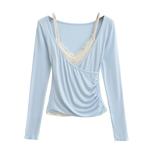 Set: V-Neck Ruched Wrap Top with Lace Cami Top