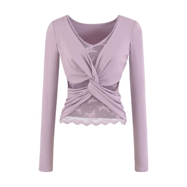 V-Neck Ruched Two-Piece Lace Panel Top