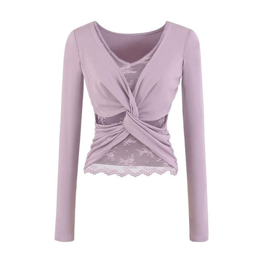 V-Neck Ruched Two-Piece Lace Panel Top