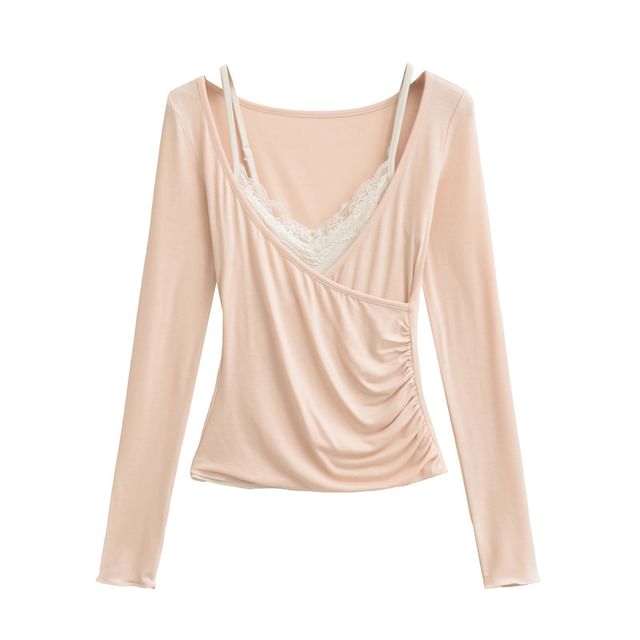 Set: V-Neck Ruched Wrap Top with Lace Cami Top