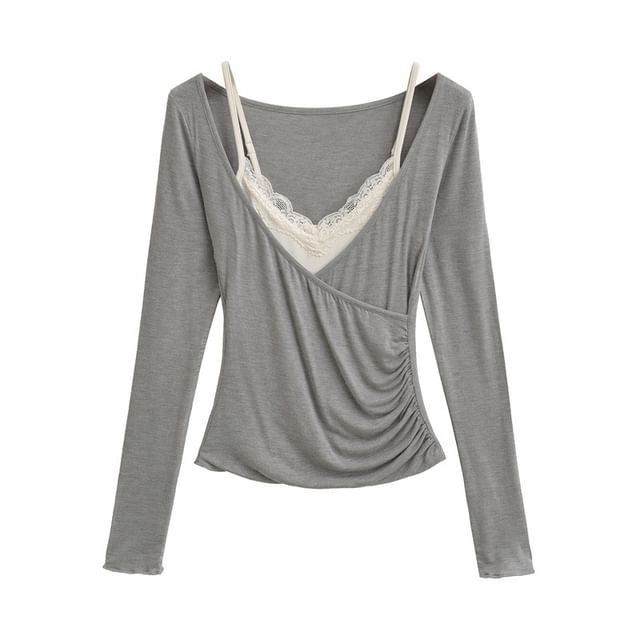 Set: V-Neck Ruched Wrap Top with Lace Cami Top