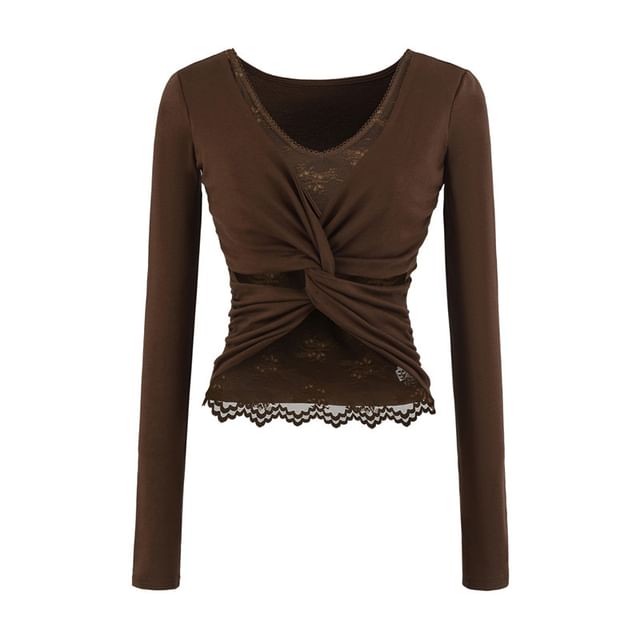 V-Neck Ruched Two-Piece Lace Panel Top