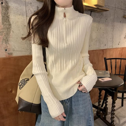 Half-Zip Stand-Collar Long-Sleeve Solid Knit Top