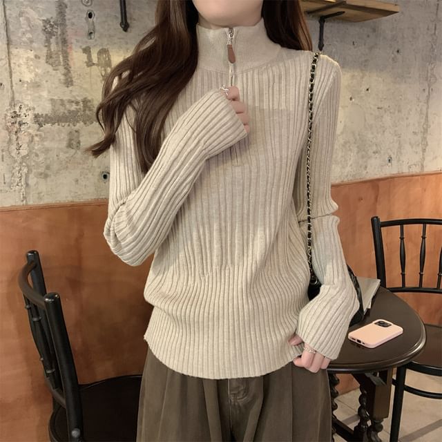 Half-Zip Stand-Collar Long-Sleeve Solid Knit Top