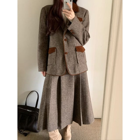 Button-Up Plain Blazer / High Rise Maxi A-Line Skirt