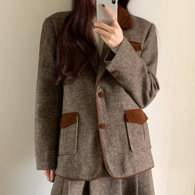 Button-Up Plain Blazer / High Rise Maxi A-Line Skirt