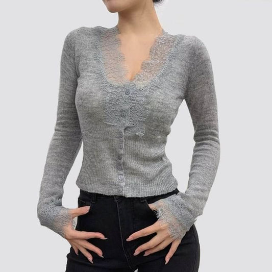 Long Sleeve V-Neck Lace Ribbed Button Knit Top