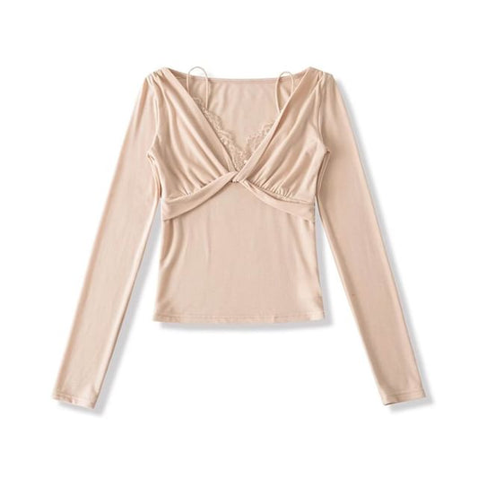 Mock Two-Piece V-Neck Twist Lace Trim Slim Tee