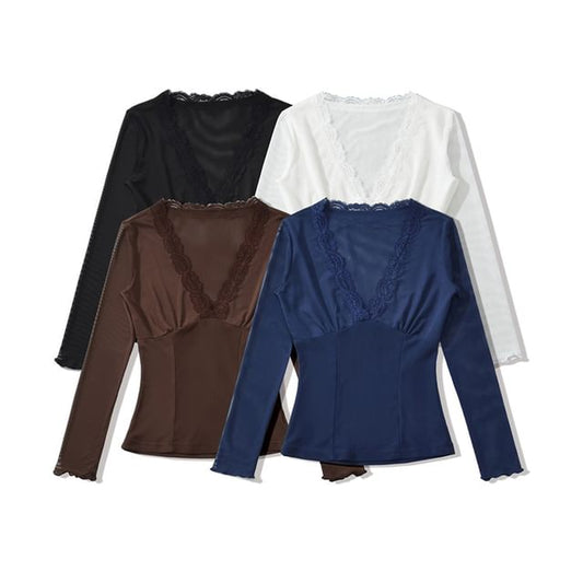 Long Sleeve V-Neck Lace Mesh Slim Fit Top