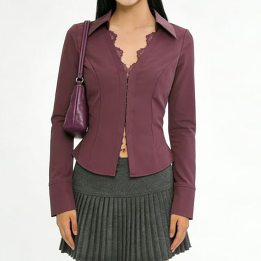 Long Sleeve V-Neck Lace Hook and Eye Slim Shirt