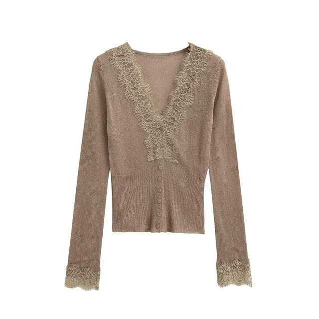 Long Sleeve V-Neck Lace Ribbed Button Knit Top