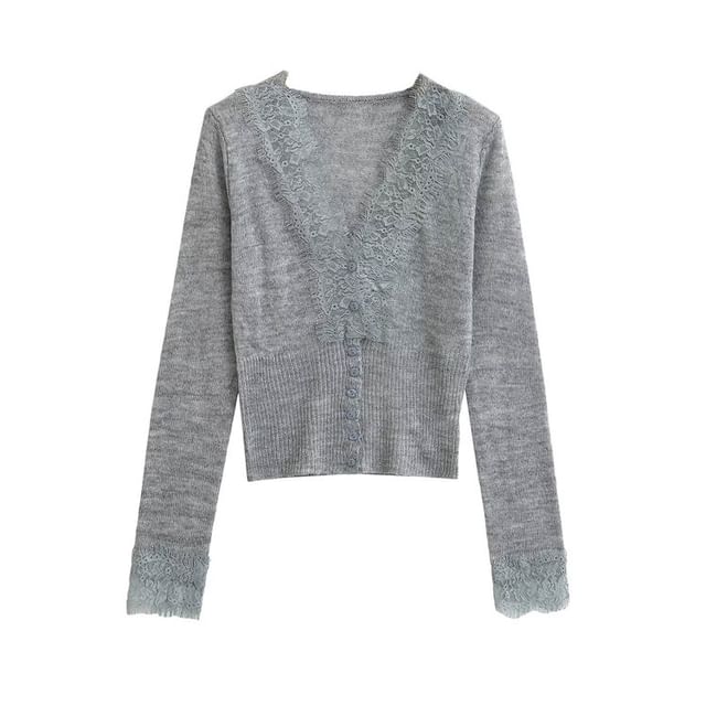 Long Sleeve V-Neck Lace Ribbed Button Knit Top