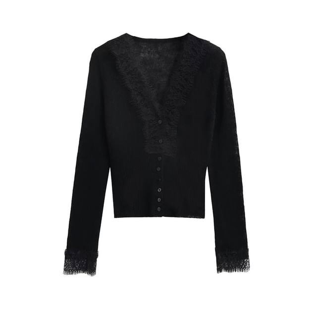 Long Sleeve V-Neck Lace Ribbed Button Knit Top